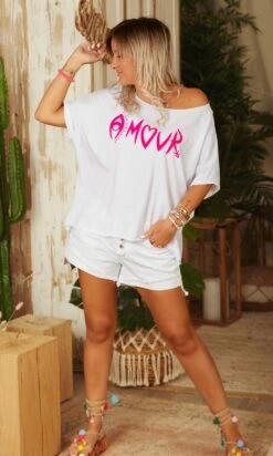 T-Shirt Solene Oversize Blanc Amour Rose Fluo