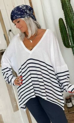 Pull Marius Oversize Blanc Marinière Bleu Skull