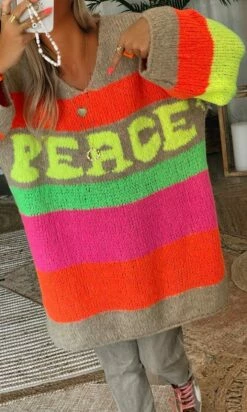 Pull Damien Oversize Taupe Peace Multicolor