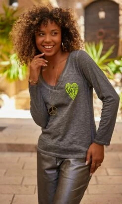 T-Shirt Magda ML Gris Anthracite Heart Joy Jaune Fluo