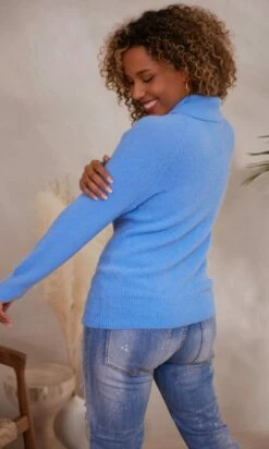 Pull Basic Col Roulé Bleu Jean