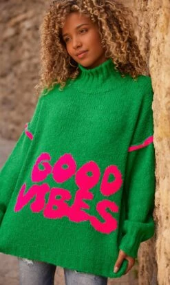 Pull Amaury Vert Good Vibes Rose Fluo