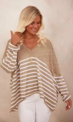 Pull Marius Oversize Taupe Marinière Blanc