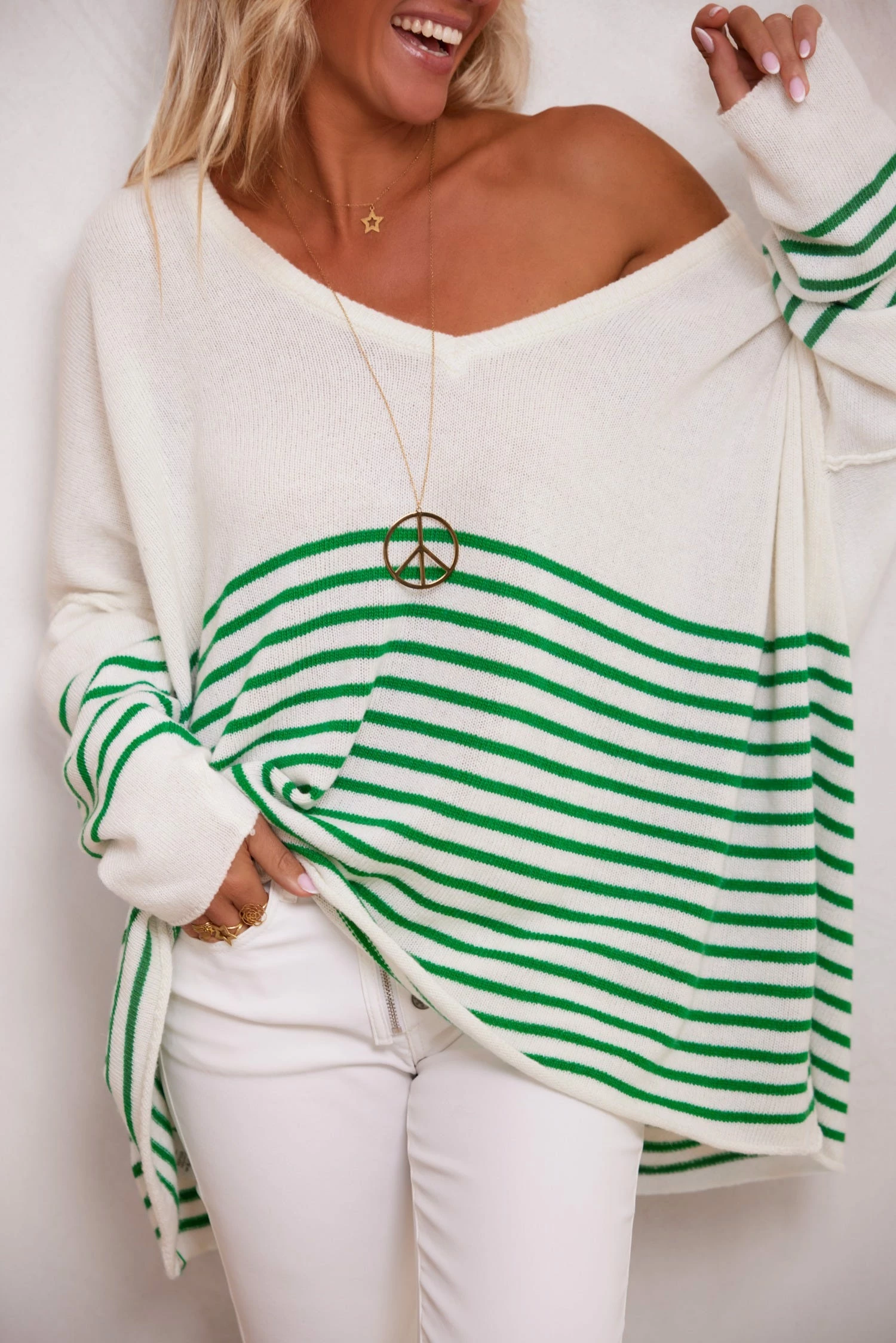 Pull Juliann Oversize Blanc Marinière Vert 3 Pull Juliann Oversize Blanc Marinière Vert