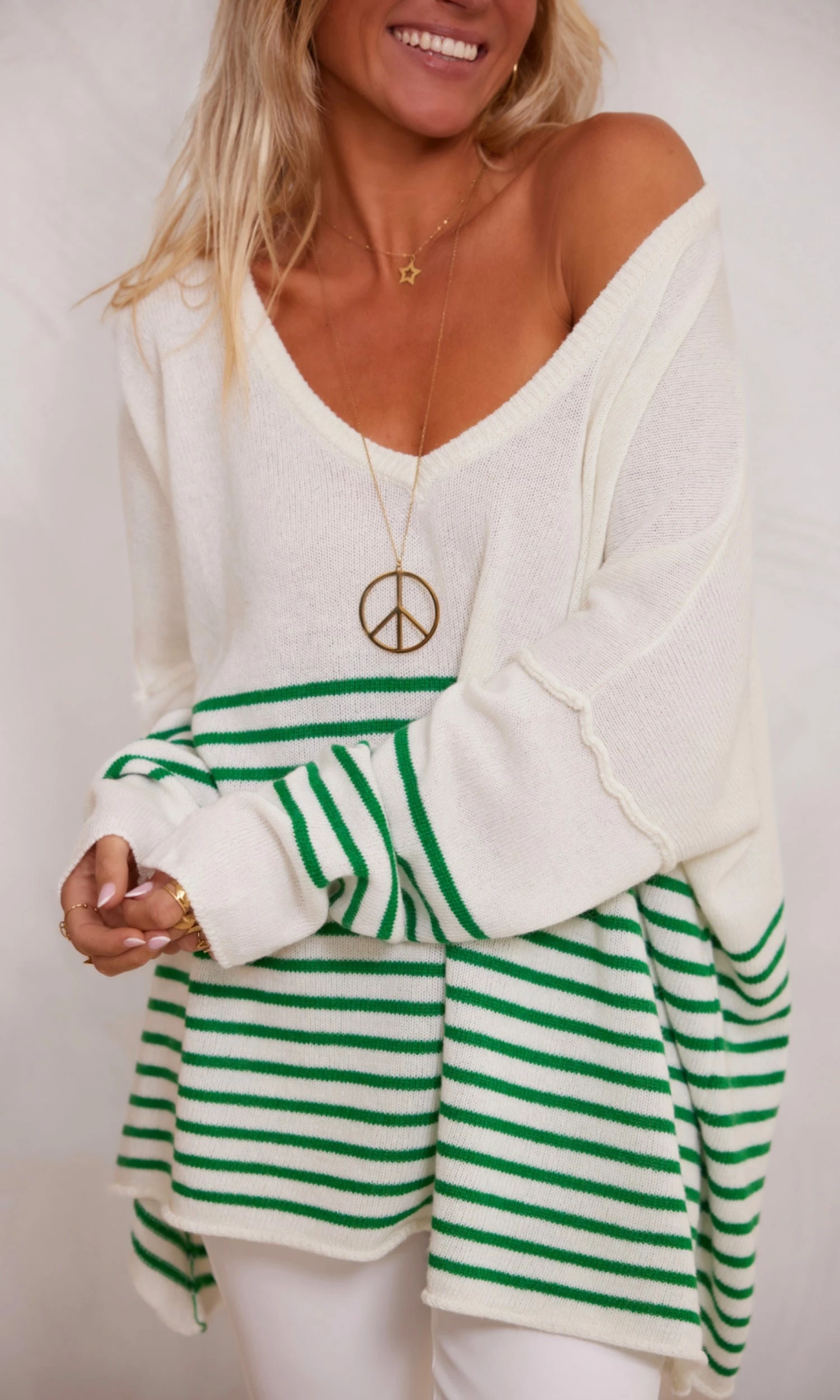 Pull Juliann Oversize Blanc Marinière Vert 4 Pull Juliann Oversize Blanc Marinière Vert – Image 2