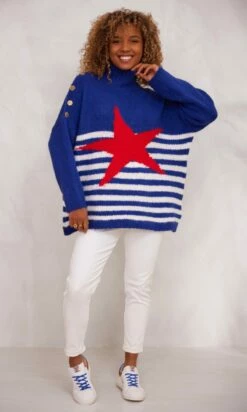Pull Loann Bleu Marine Marinière Blanc Star Rouge