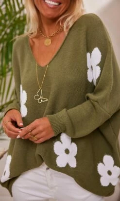 Pull Arsène Oversize Kaki Flowers Blanc