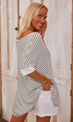 T-Shirt Oscar Oversize Blanc Marinière Kaki