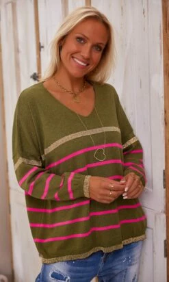 Pull Orson Kaki Rayure Rose Fuchsia & Or