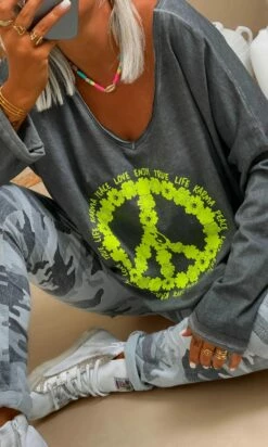 T-Shirt Clay ML Gris Anthracite Flower Peace Jaune Fluo