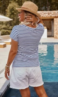 T-Shirt Magda Blanc Marinière Bleu Happy Love Karma Rose Fluo