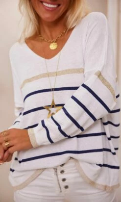 Pull Orson Blanc Rayure Bleu Marine & Or