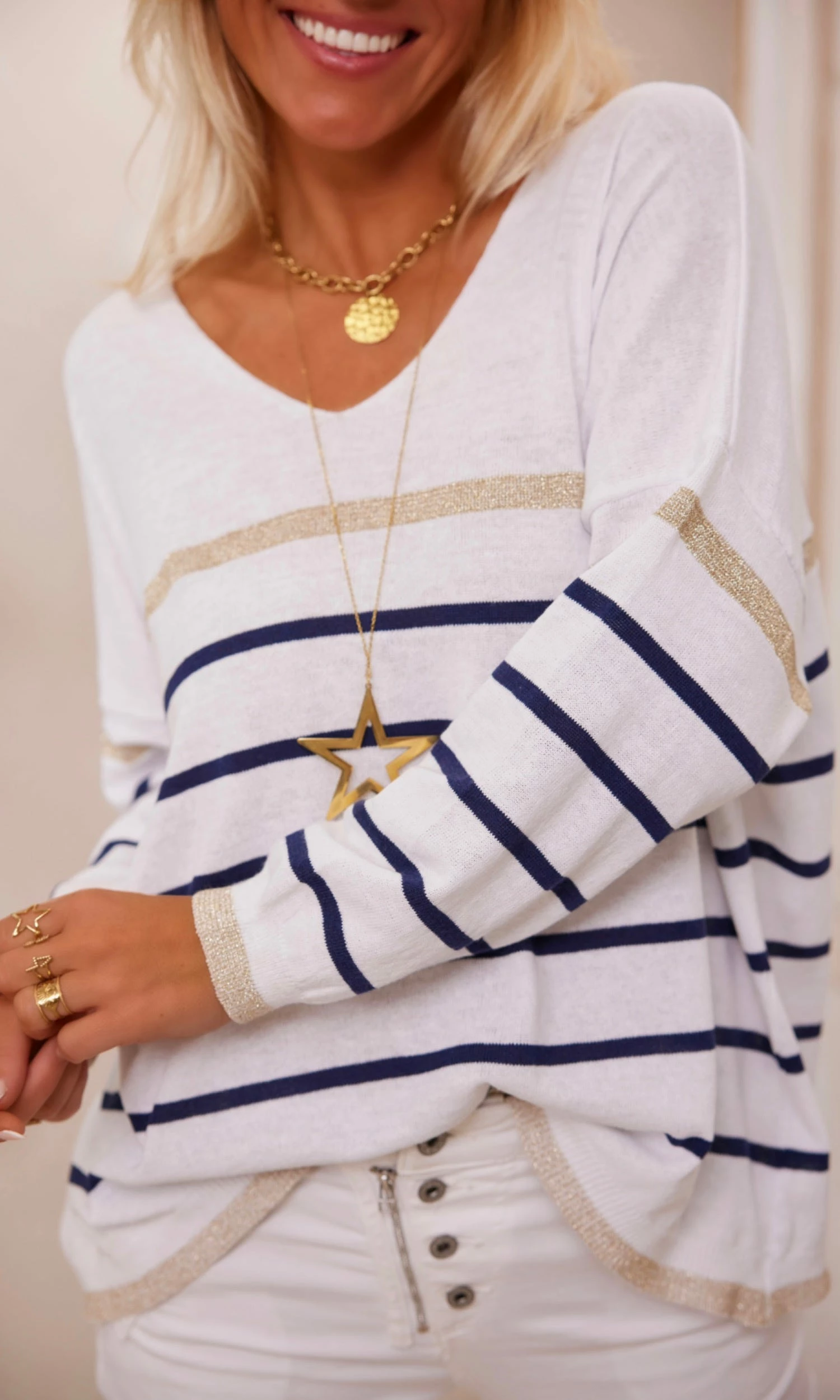 Pull Orson Blanc Rayure Bleu Marine & Or 3 Pull Orson Blanc Rayure Bleu Marine & Or