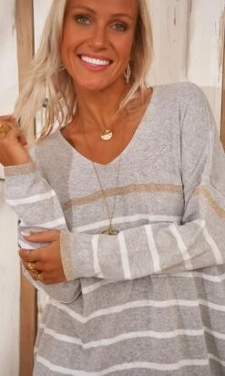 Pull Orson Gris Clair Rayure Blanc & Or