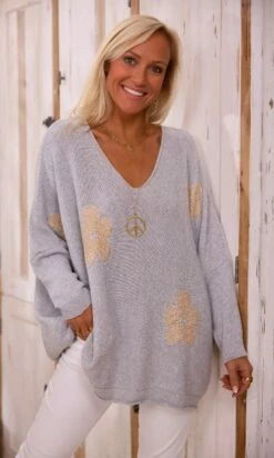 Pull Arsène Oversize Gris Clair Flowers Or