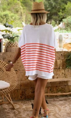 Pull Yann MC Oversize Blanc Marinière Orange