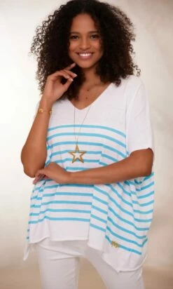 Pull Yann MC Oversize Blanc Marinière Vert Turquoise