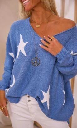 Pull Arsène Oversize Bleu Jean Stars Blanc
