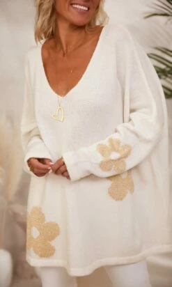 Pull Rayco Oversize Blanc Cassé Flowers Or