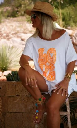 T-Shirt Solene Oversize Blanc Isalove Orange Fluo